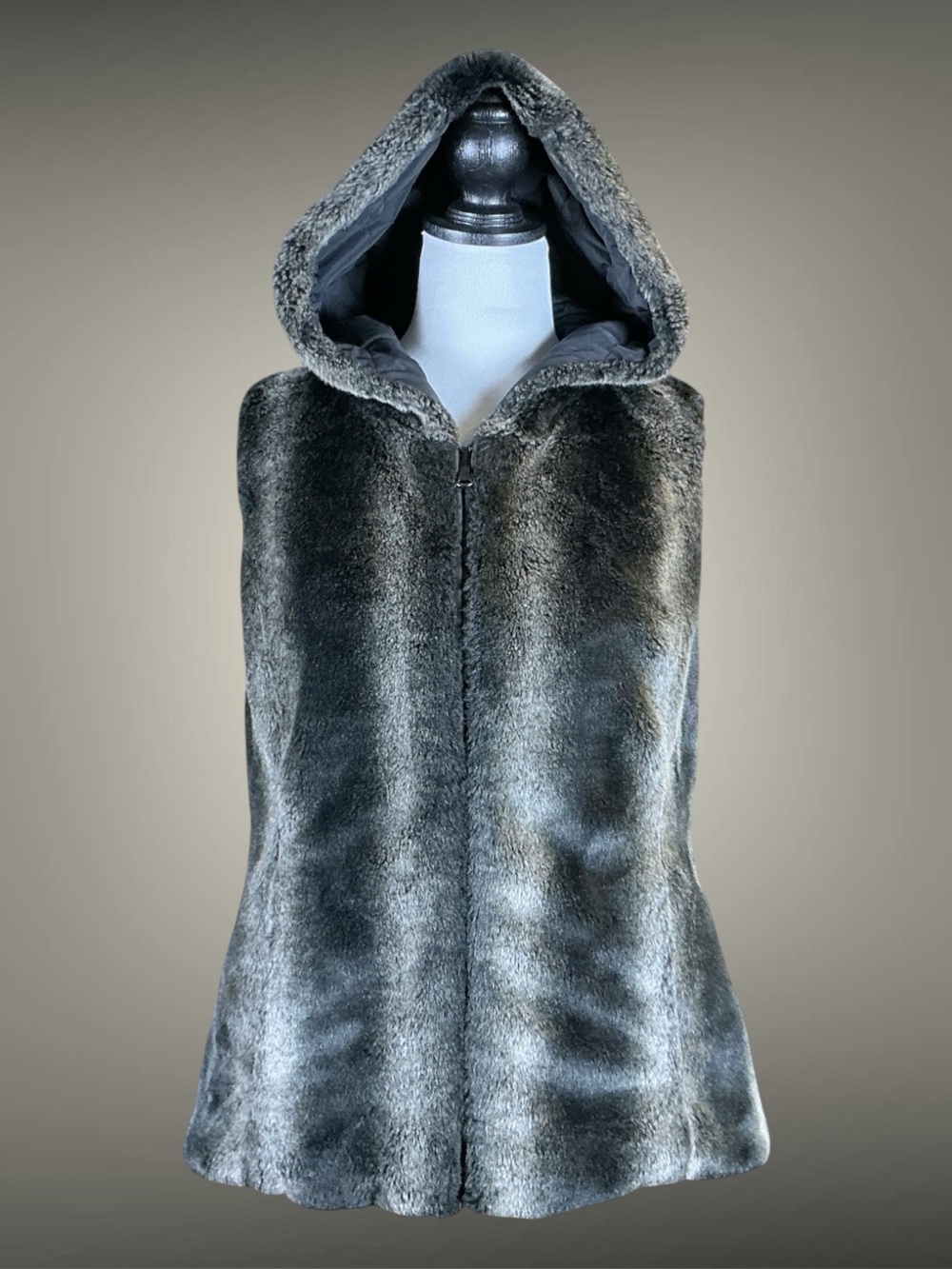 Kristen Blake Reversible Vest Black Brown Faux Fur Quilted Hooded Pockets M